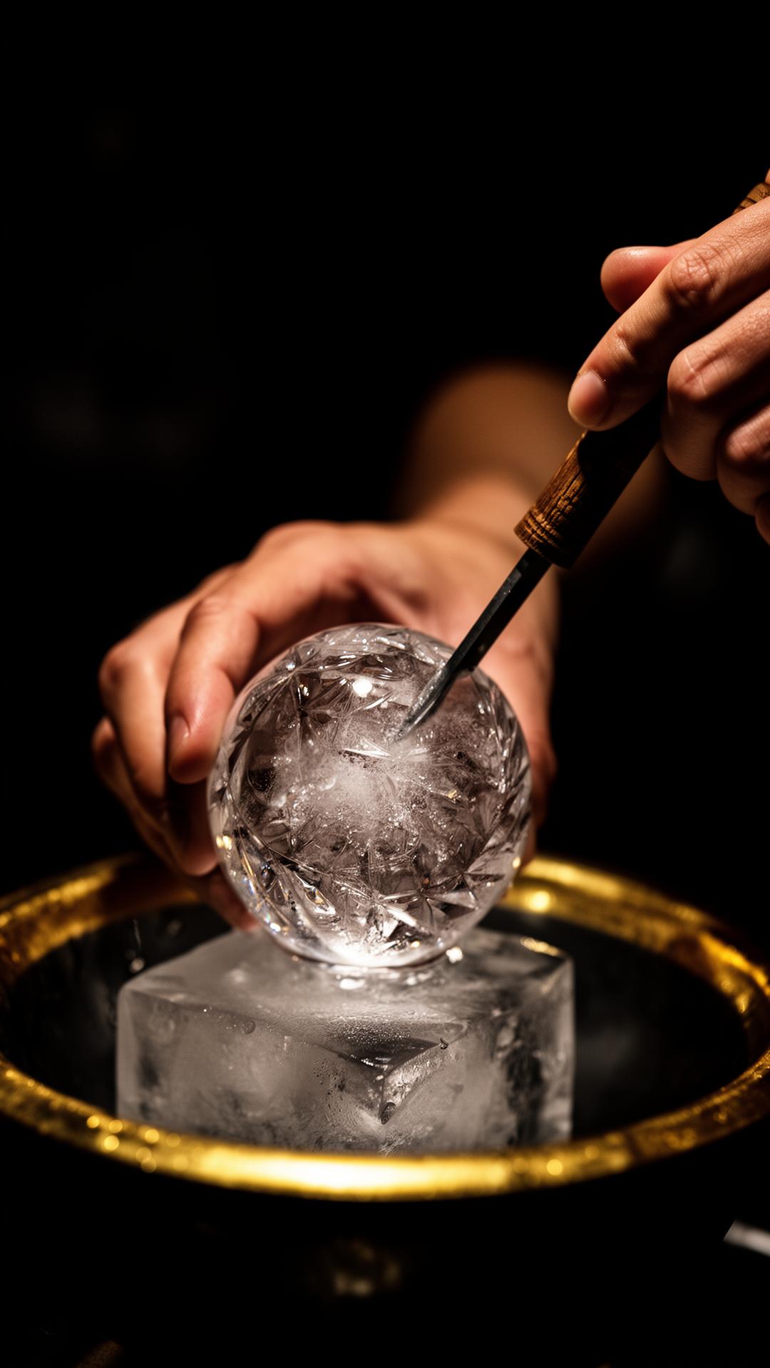 Bartender carving a crystal ice sphere